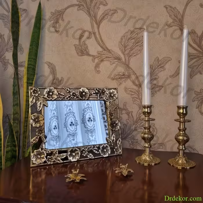 آینه رومیزی و دیواری برنجی برنزی مدل گل 