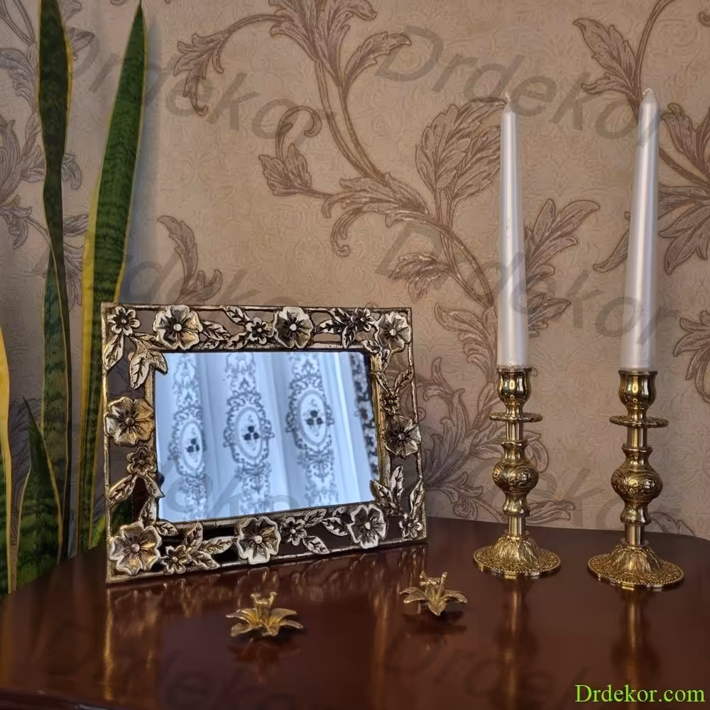 آینه رومیزی و دیواری برنجی برنزی مدل گل 