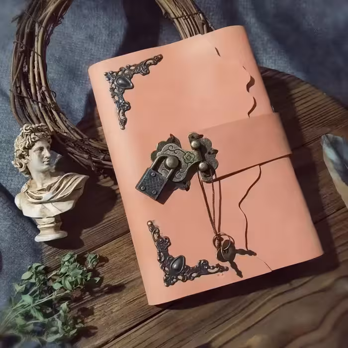 دفتر چرمی قفل دار ، با چرم کراست گاوی رنگ گلبهی. 16 در 11 صد برگ کاغذ نخودی بدون خط