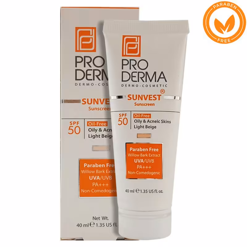 کرم ضدآفتاب فاقد چربی SPF50 بژ روشن پرودرما مناسب برای پوست های چرب، جوشدار، مختلط و آکنه ای