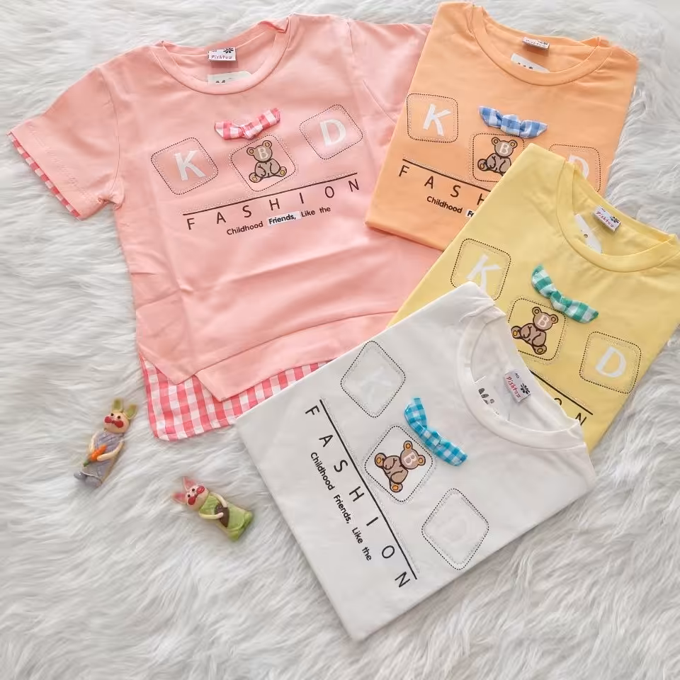 تیشرت تک دخترانه مدل نگین جنس نخ پنبه محدوده سنی 2 تا 9 سال رنگ بندی صورتی روشن و لیمویی و گلبهی روشن و سفید