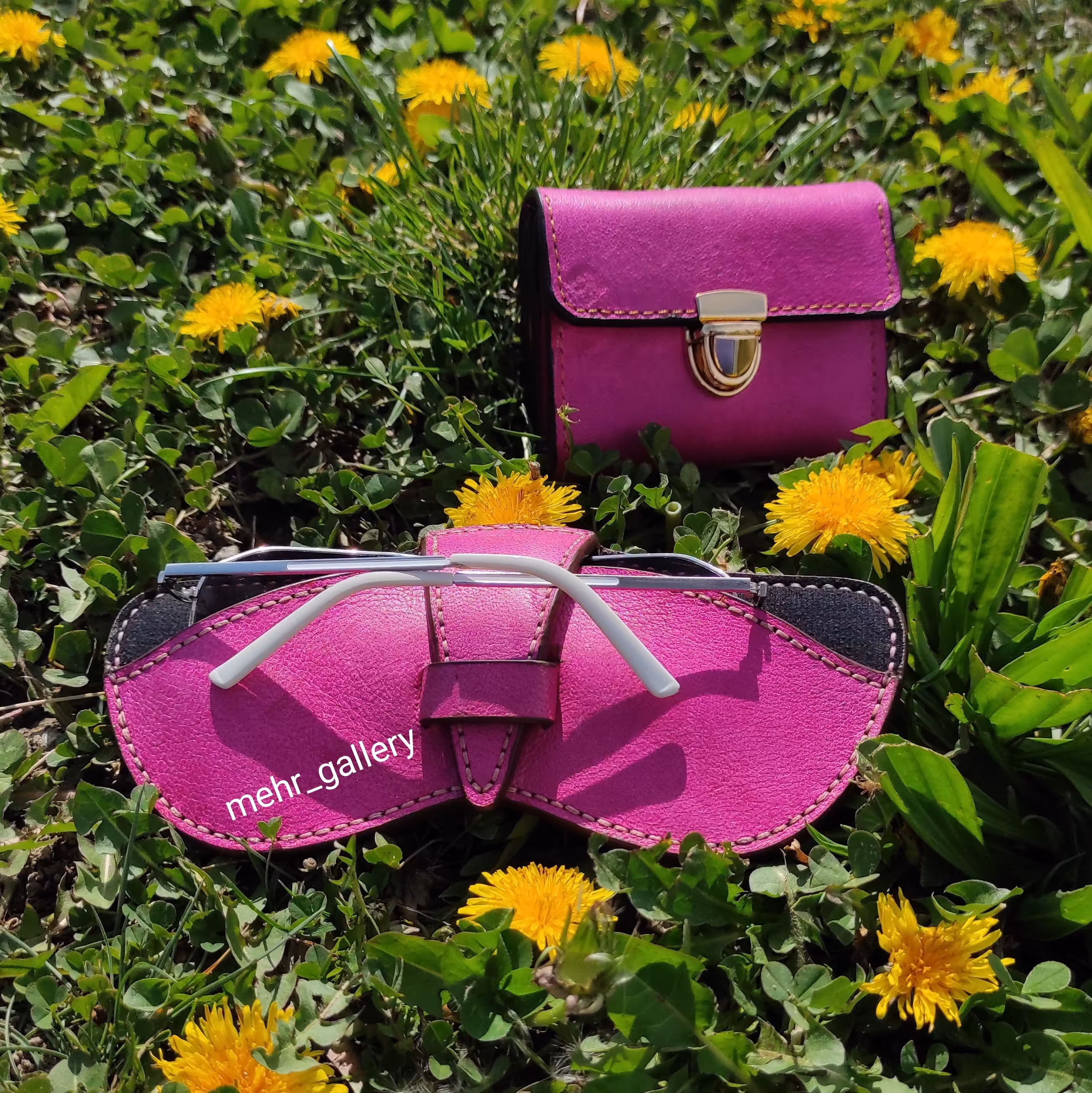 ست جاکارتی  وکیف محافظ عینک چرم طبیعی گاوی مدل رنگ صورتی