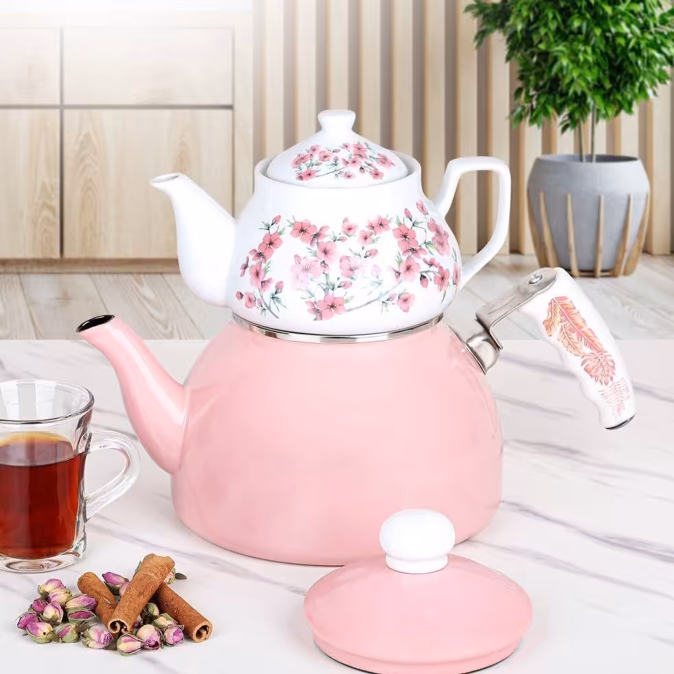 کتری قوری لعابی برند کاراچا دسته چینی صورتی