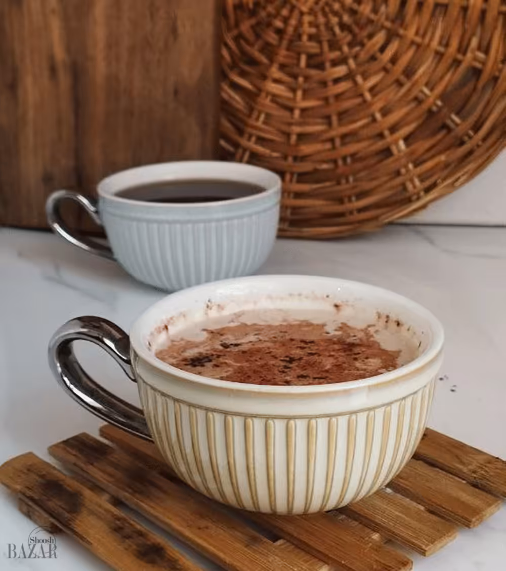 فنجان لته خوری سرامیک شیاردار دسته کروم وارداتی