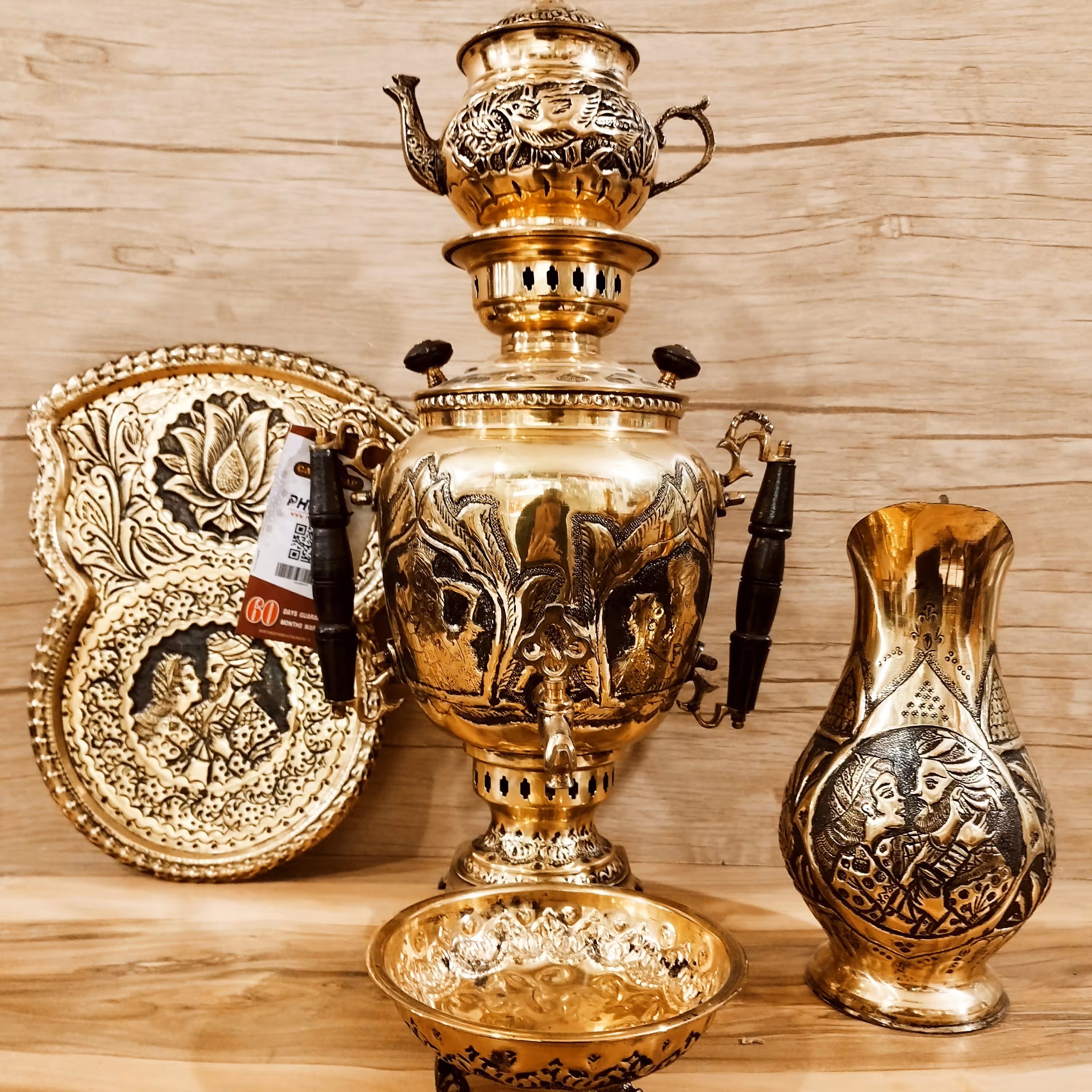 ست سماور برنجی ذغالی 5 پارچه طرح لیلی و مجنون ( سماور ذغالی سماور دکوری سماور تزیینی )