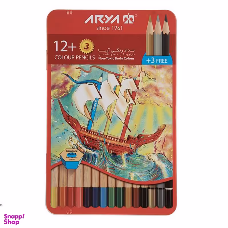 مداد رنگی آریا (Aria) بسته 12+3 رنگ جعبه فلزی