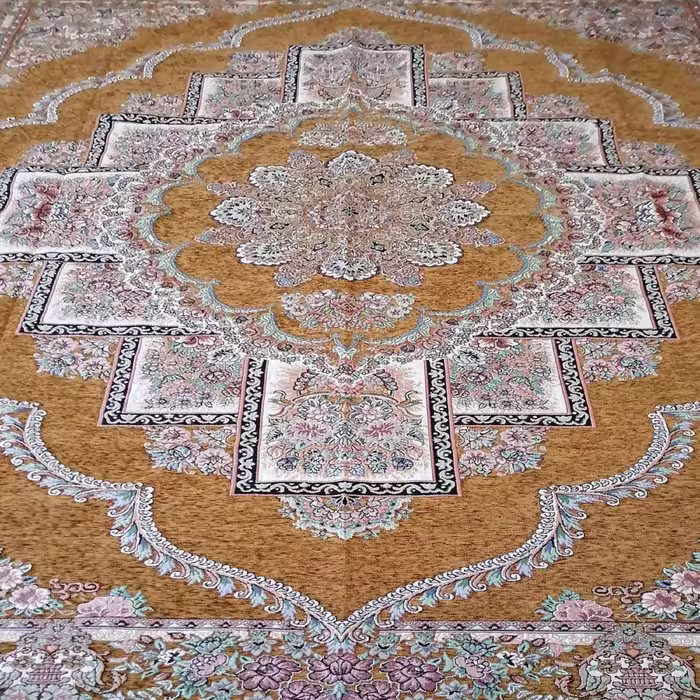 روفرشی 6 متری مخمل زرکدار گردویی طرح زیبای حوض نقره
