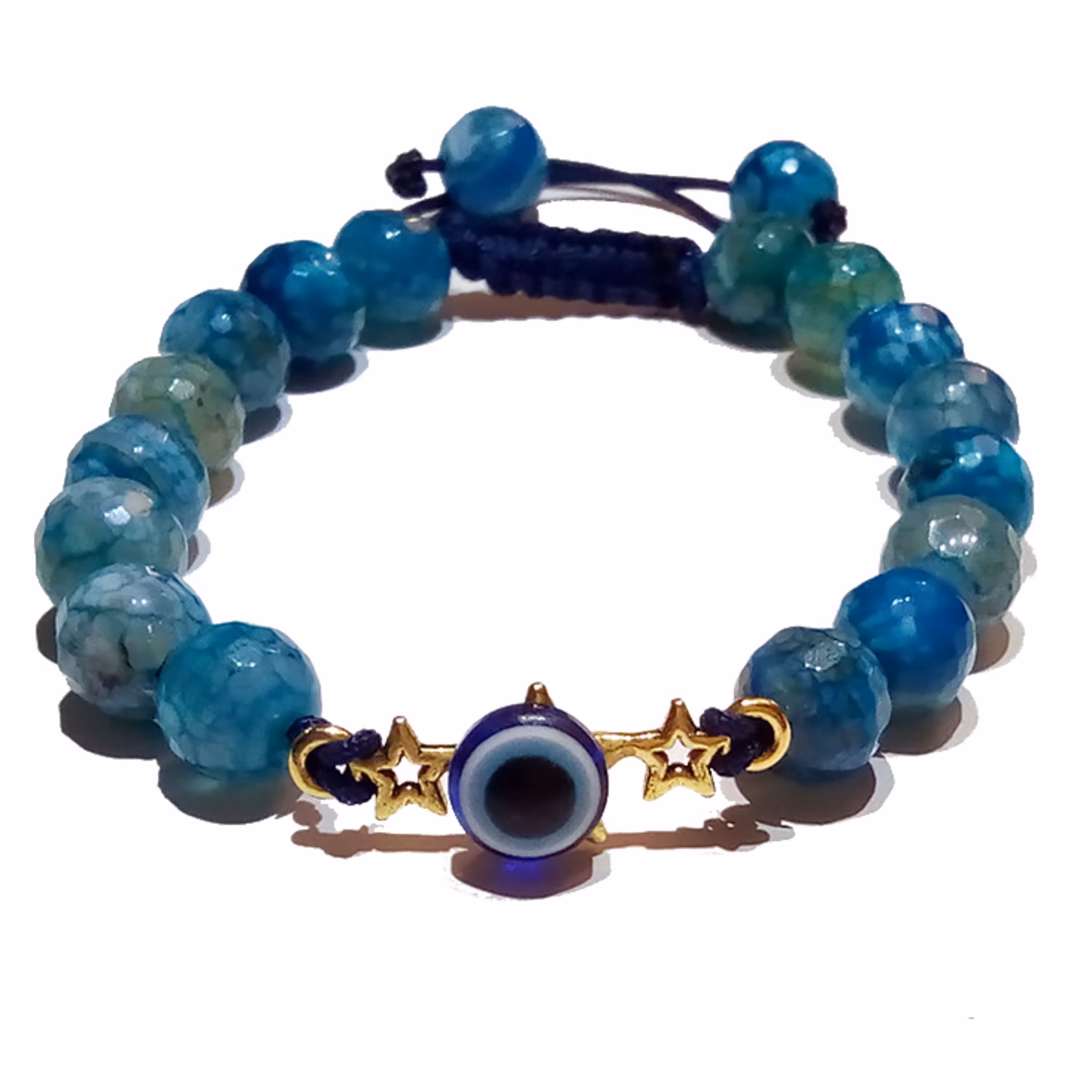 دستبند کشویی عقیق آبی چند رنگ تراش خورده با پلاک دستبند چشم نظر 