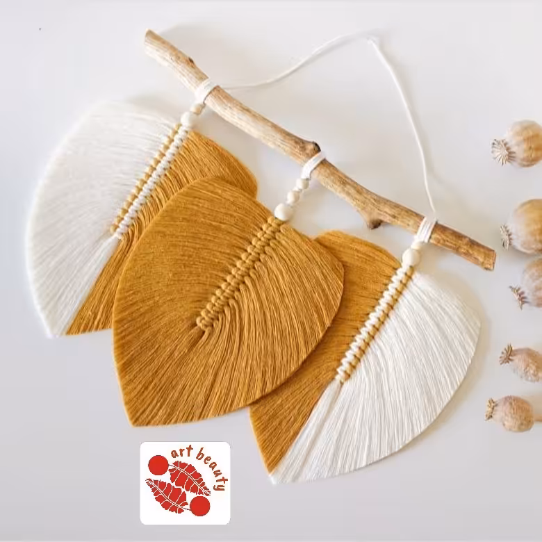 دیوارکوب مکرومه بافی دکوراتیو خردلی سفید 