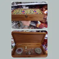 ظروف بسته بندی زعفران - پک چوبی قهوه ای دو خاتم  هاون برنجی و قوری