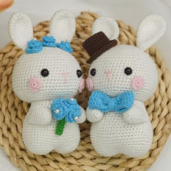 عروسک بافتنی خرگوش،زوج خرگوشی،عروس و داماد، 18 سانتی متر،بافتی تمیز و حرفه ای