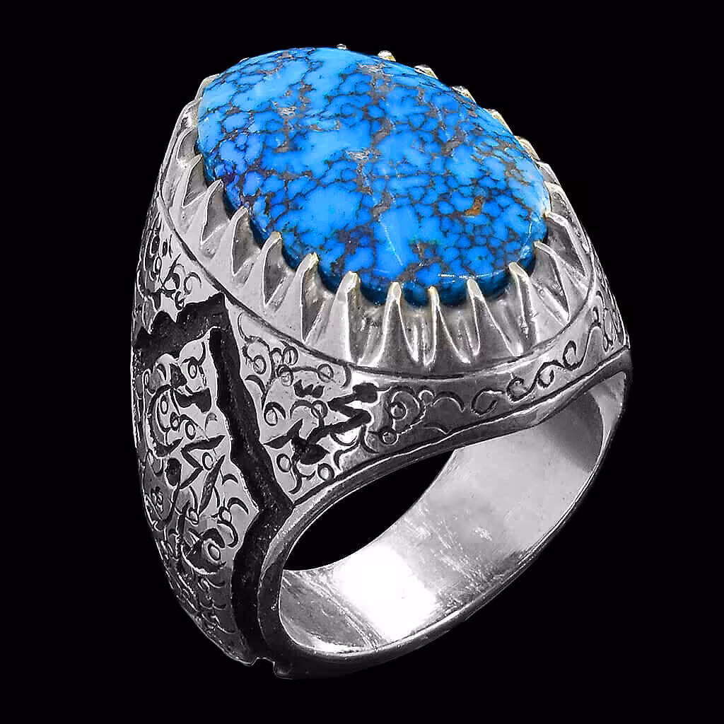 انگشتر دست ساز نقره مردانه با نگین فیروزه مزین شده به نام ائمه