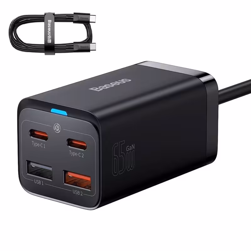 شارژر رومیزی بیسوس به همراه کابل USB-C GaN3 Pro Desktop 65W CCGP040101