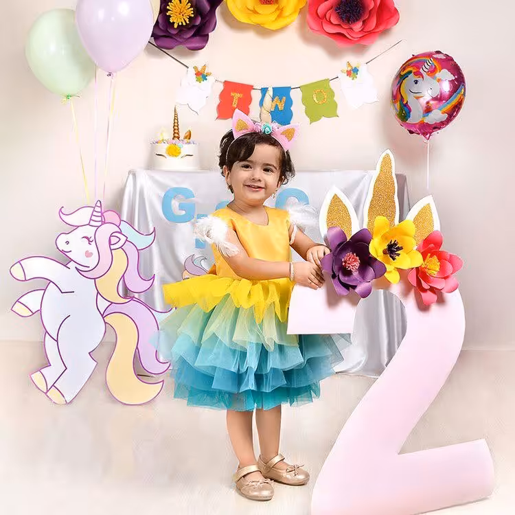 پیراهن پرنسسی دخترانه تم یونیکورن مدل مژگان مناسب 1 تا 4 سال