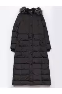 کاپشن مشکی زنانه کت خز کلاهدار پر غاز لحافی Kayra