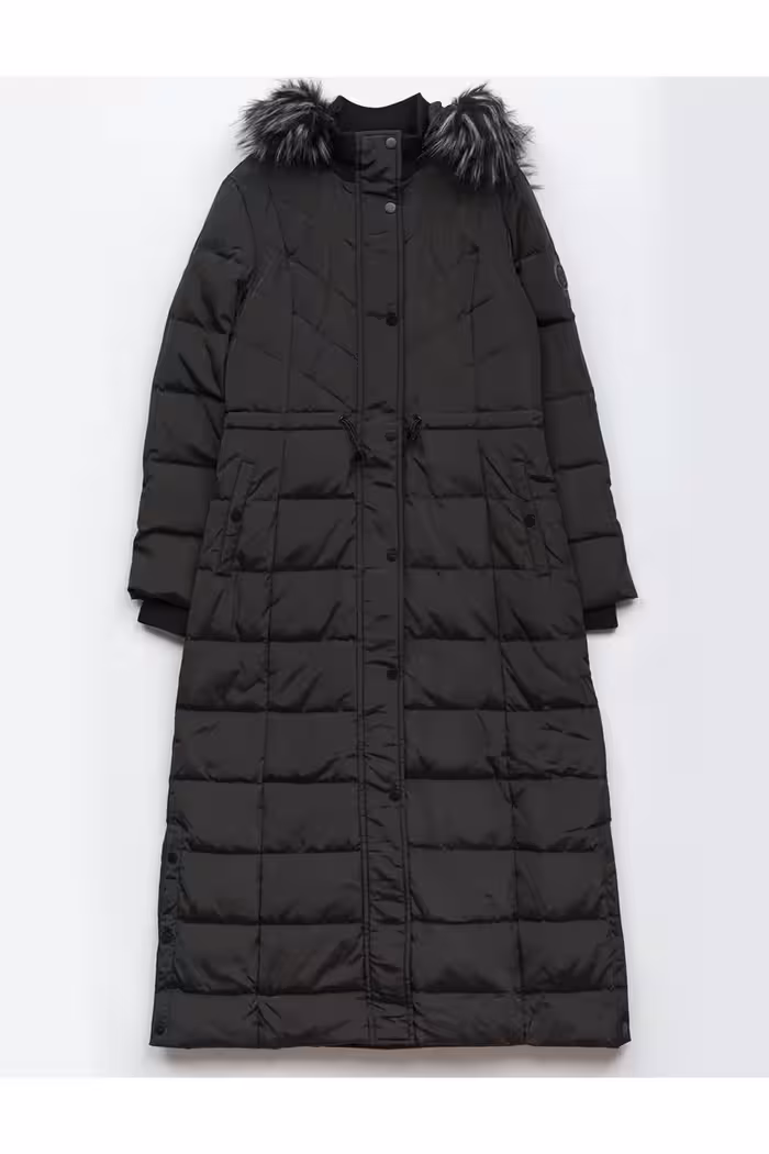 کاپشن مشکی زنانه کت خز کلاهدار پر غاز لحافی Kayra