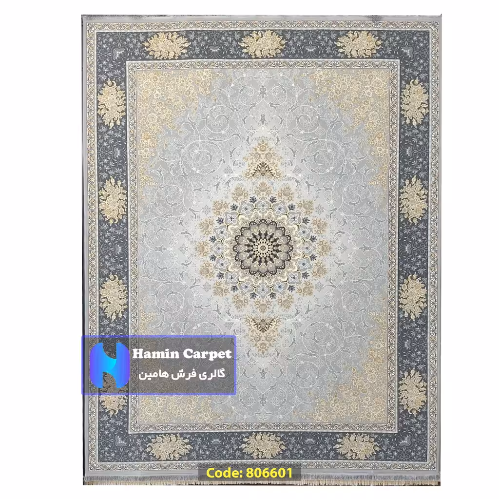 فرش 4 متری 700شانه تراکم 2550 نخ آکلریک رنگ زمینه نقره ای کد AR806601
