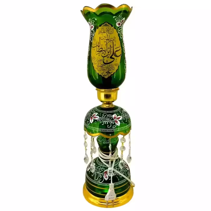 103260-لاله شمعدانی کوچک ارتفاع 46 قطر دهانه 11-سبز یا اباصالح المهدی عج و یا امیرالمومنین علی ع-کنار منبری هیئت