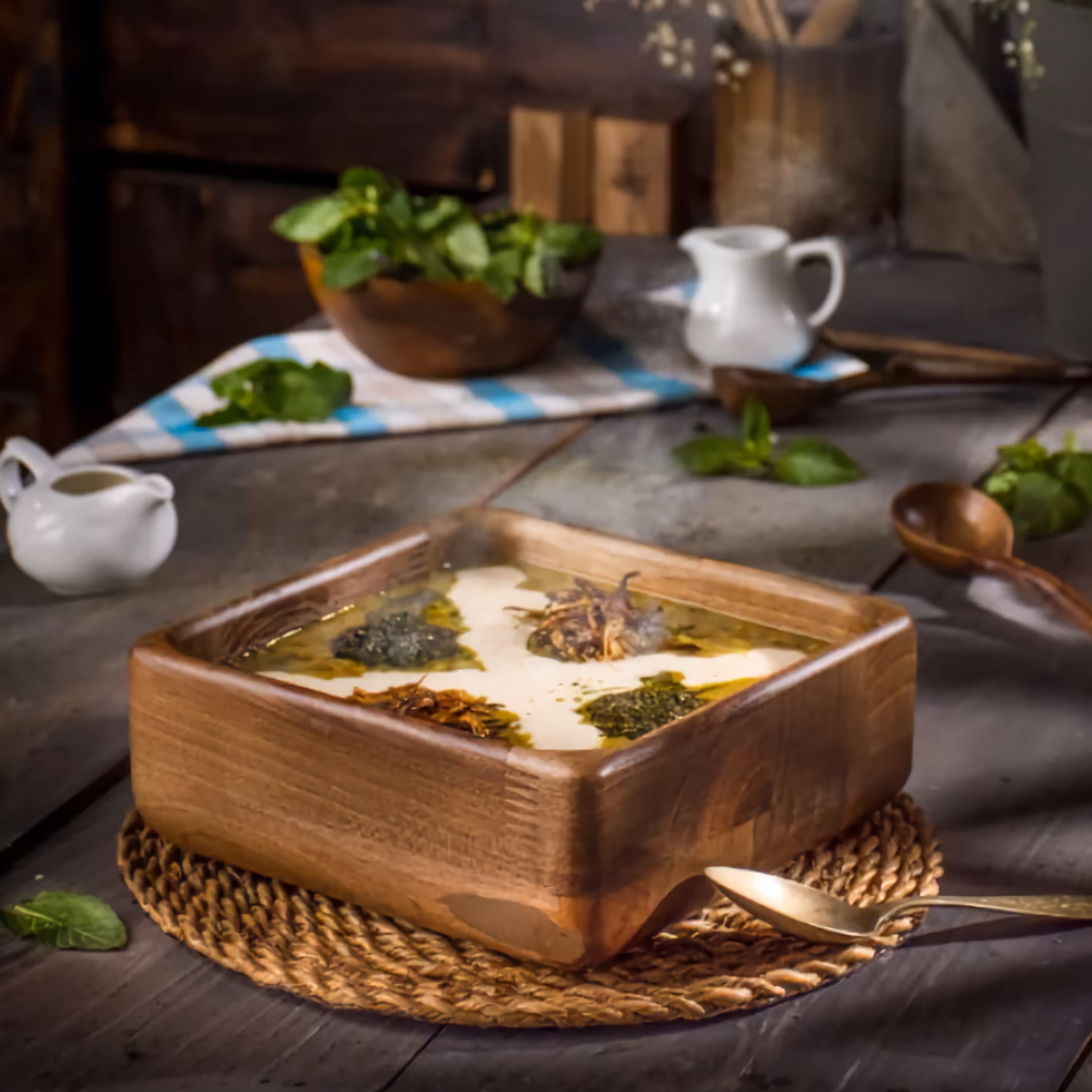 کاسه چوبی مربع ساخته شده از چوب گردو قابل استفاده برای سرو مواد غذایی سرد و گرم
