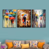 تابلو شاسی بکلیت طرح نقاشی رنگ روغن عاشقانه چتر و باران مدل SH-928 مجموعه 3 عددی