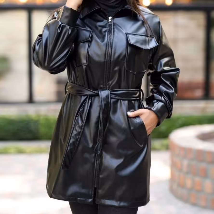 مانتو چرم فوق العاده شیک کمربند دار