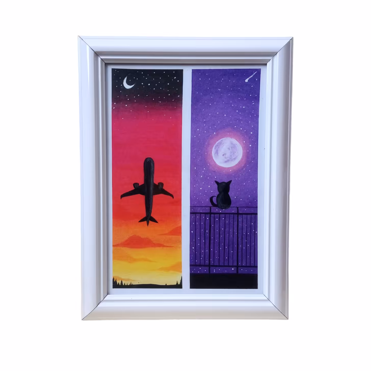 تابلو نقاشی پاستل طرح دو منظره ی گربه تنها و هواپیمایی به سوی اوج