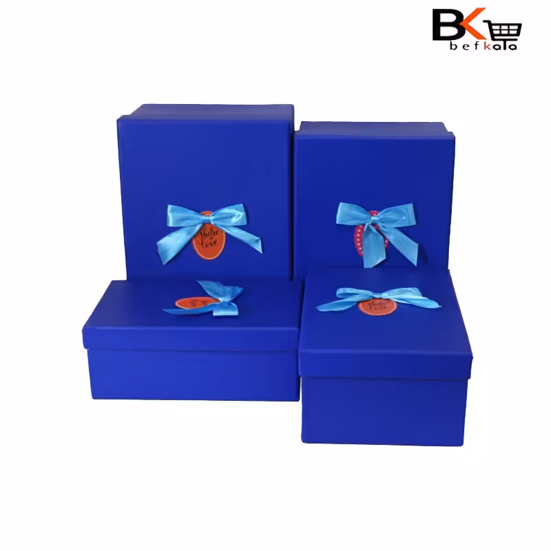 باکس کادویی مستطیلی 4 تکه پاپیون دار آبی کد51