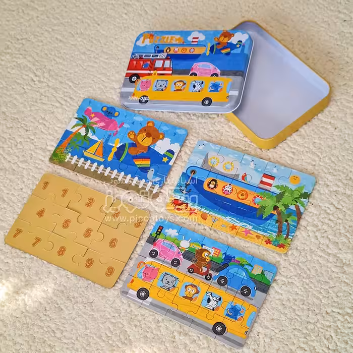 پازل چوبی وسایل نقلیه2 با قوطی فلزی مدل XHN0105