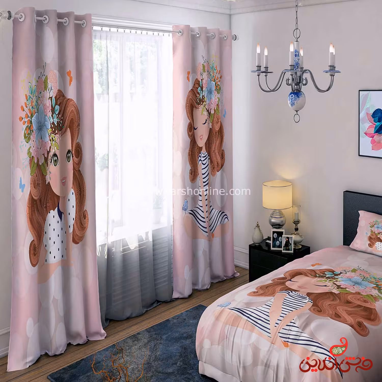 پرده 2 عددی کد 15601/1 طرح دخترانه صورتی