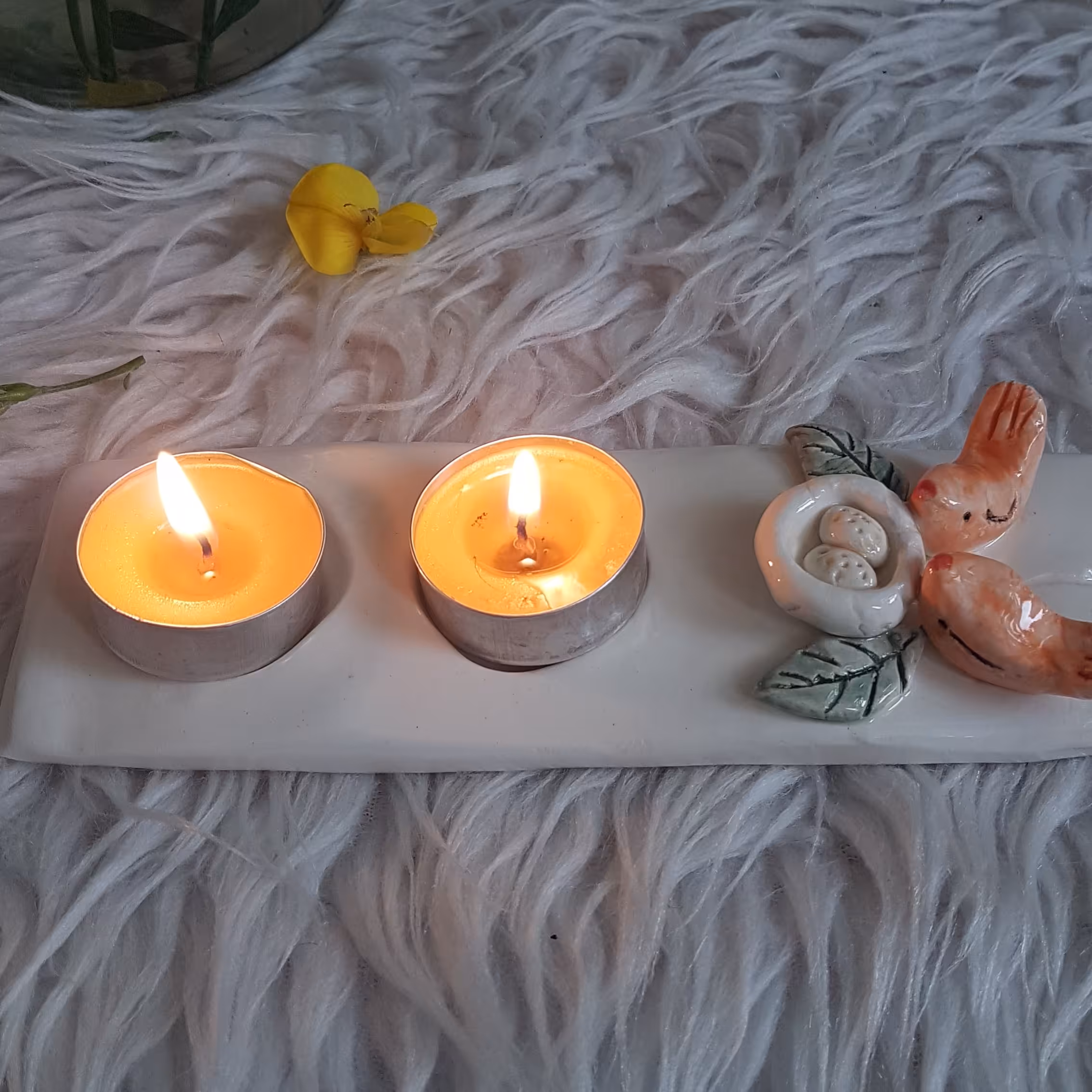 جای  شمعی و جا ی عودی  سرامیکی دست ساز  زیبا طرح پرنده   و گل  