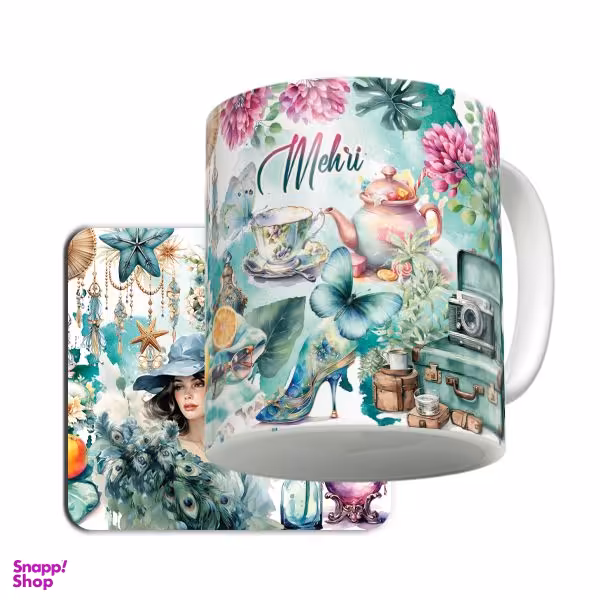 ماگ لاژید مدل اسم مهری طرح نقاشی آبرنگ به همراه زیر لیوانی