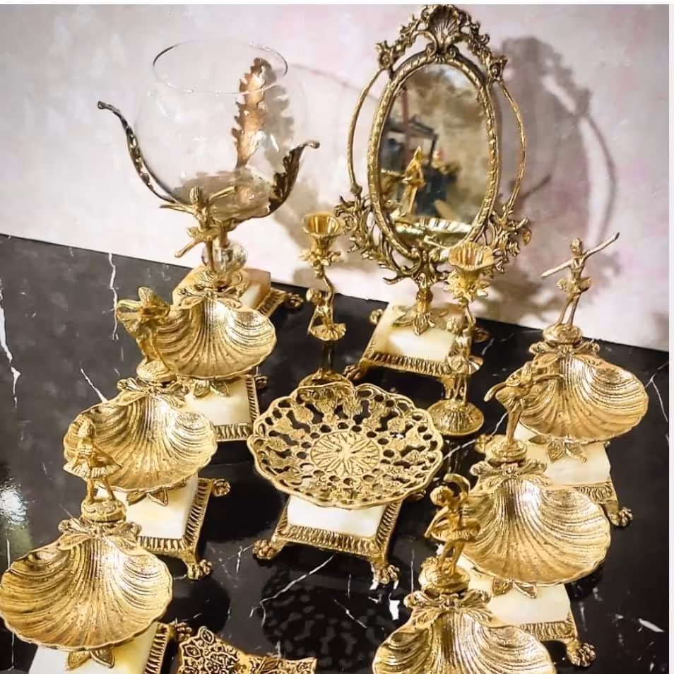 هفت سین صدفی پایه سنگی برنزی  با ست کامل