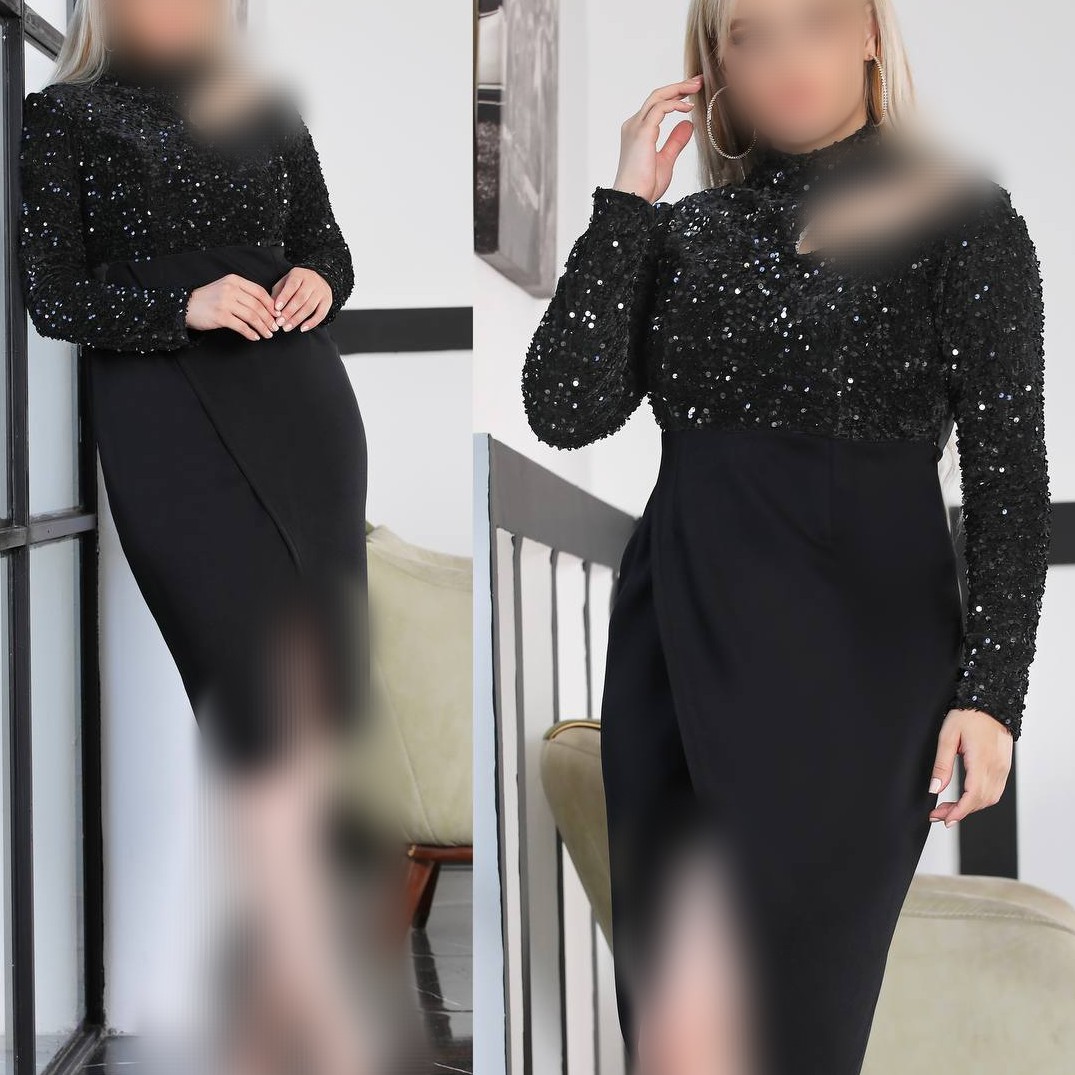لباس مجلسی زنانه ترند سال جنس پارچه غواصی و پولک مخملی با خرجکار نوار