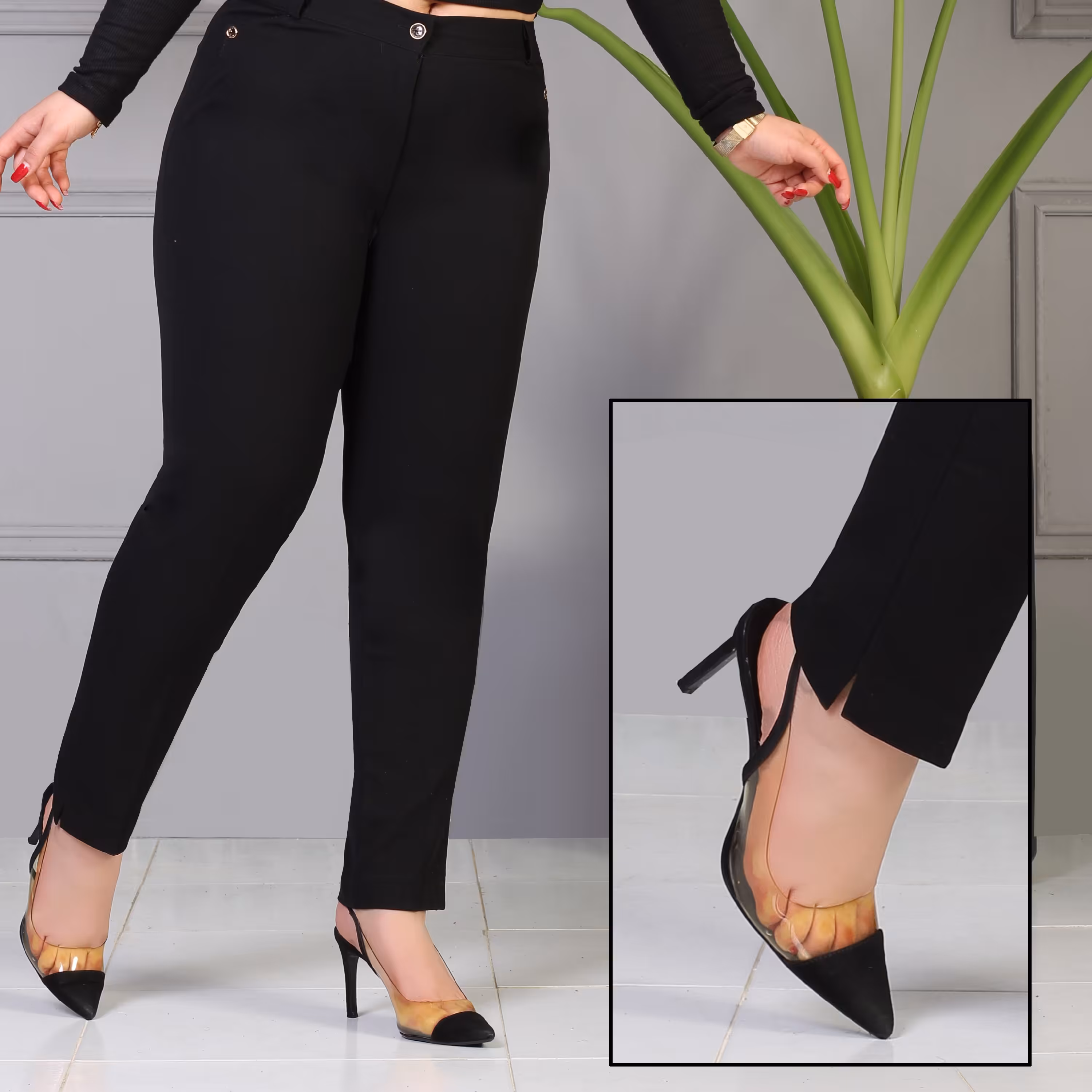 شلوار زنانه مشکی گاباردین قد 90چاکدار جذب سایز 38 تا 46