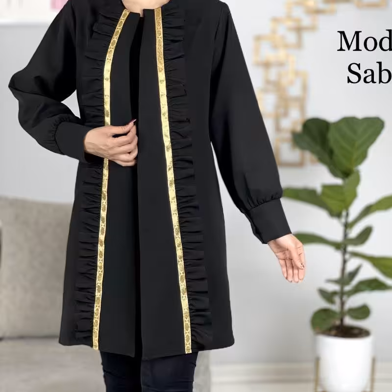 مانتو مجلسی کرپ مازراتی مشکی و کرم سایز 38 تا 48 ارسال رایگان شارژ شد 16 بهمن