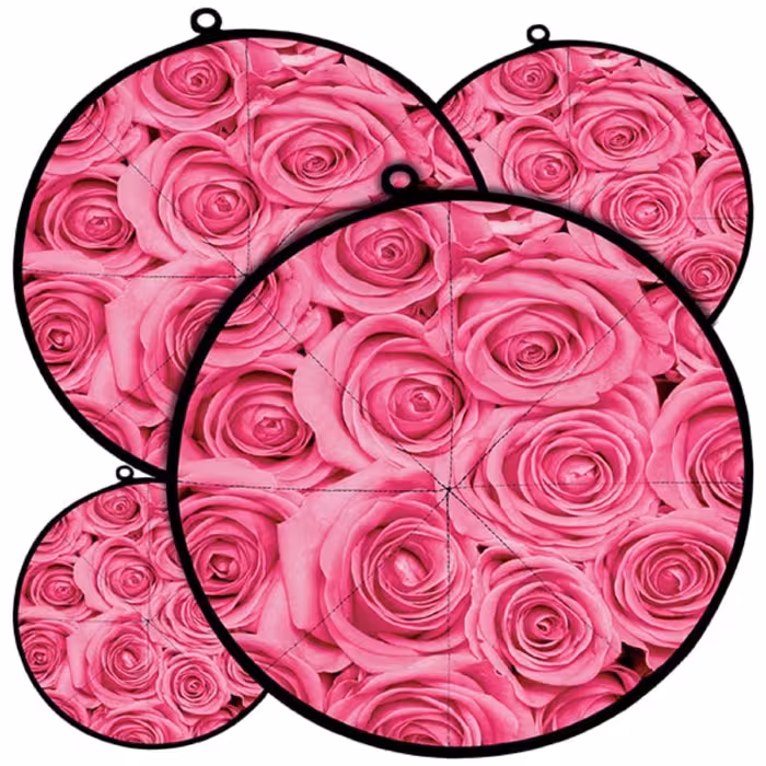 دمکنی ست چهار تکه پارچه ای مخمل دو رو چاپ طرح گل صورتی سایز 20، 25، 30 و 35 مدل B21-1007 شرکت رنس