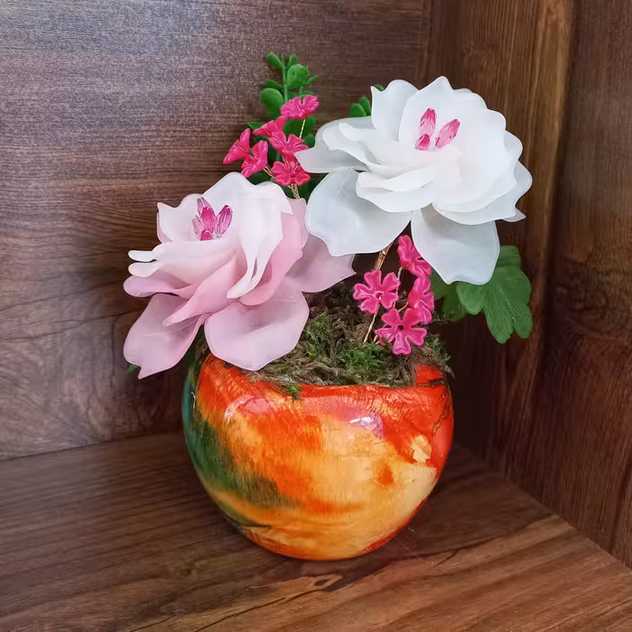 گلدان هفت رنگ سایز بزرگ_ 2گل بزرگ سفید صورتی