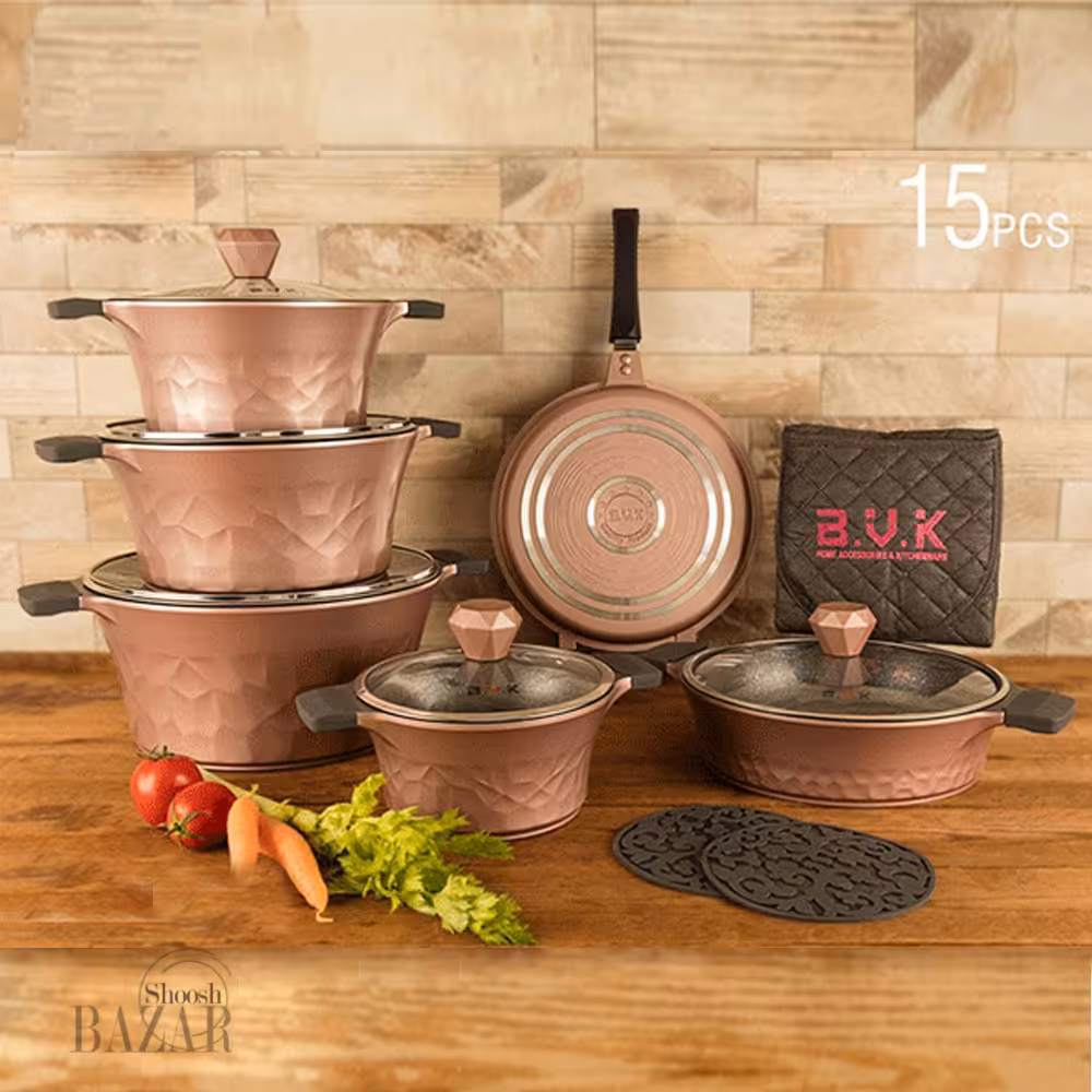 سرویس قابلمه 15 پارچه بی وی کی رنگ رزگلد