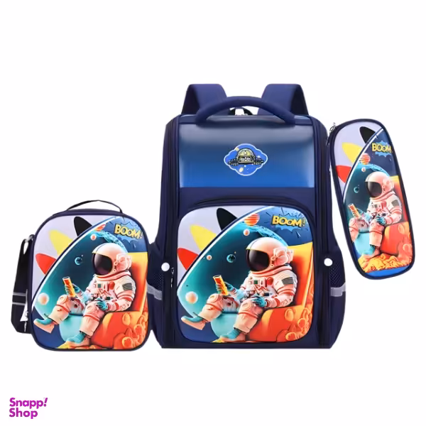کوله پشتی مدرسه مدل صندوقی سه تیکه طرح فضانورد به همراه کیف دوشی و جامدادی