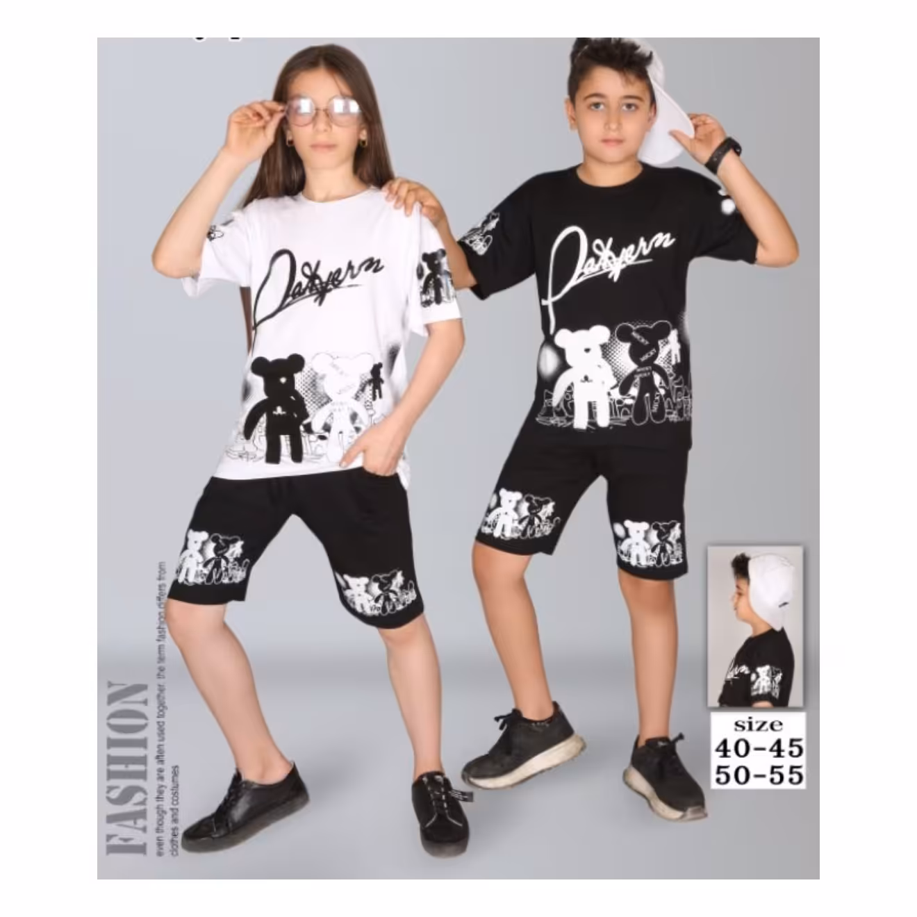 ست تیشرت شلوارک اسپرت دخترانه.پسرانه صد در صد نخ پنبه. مشکی و سفید.سایز 40.45.50.55