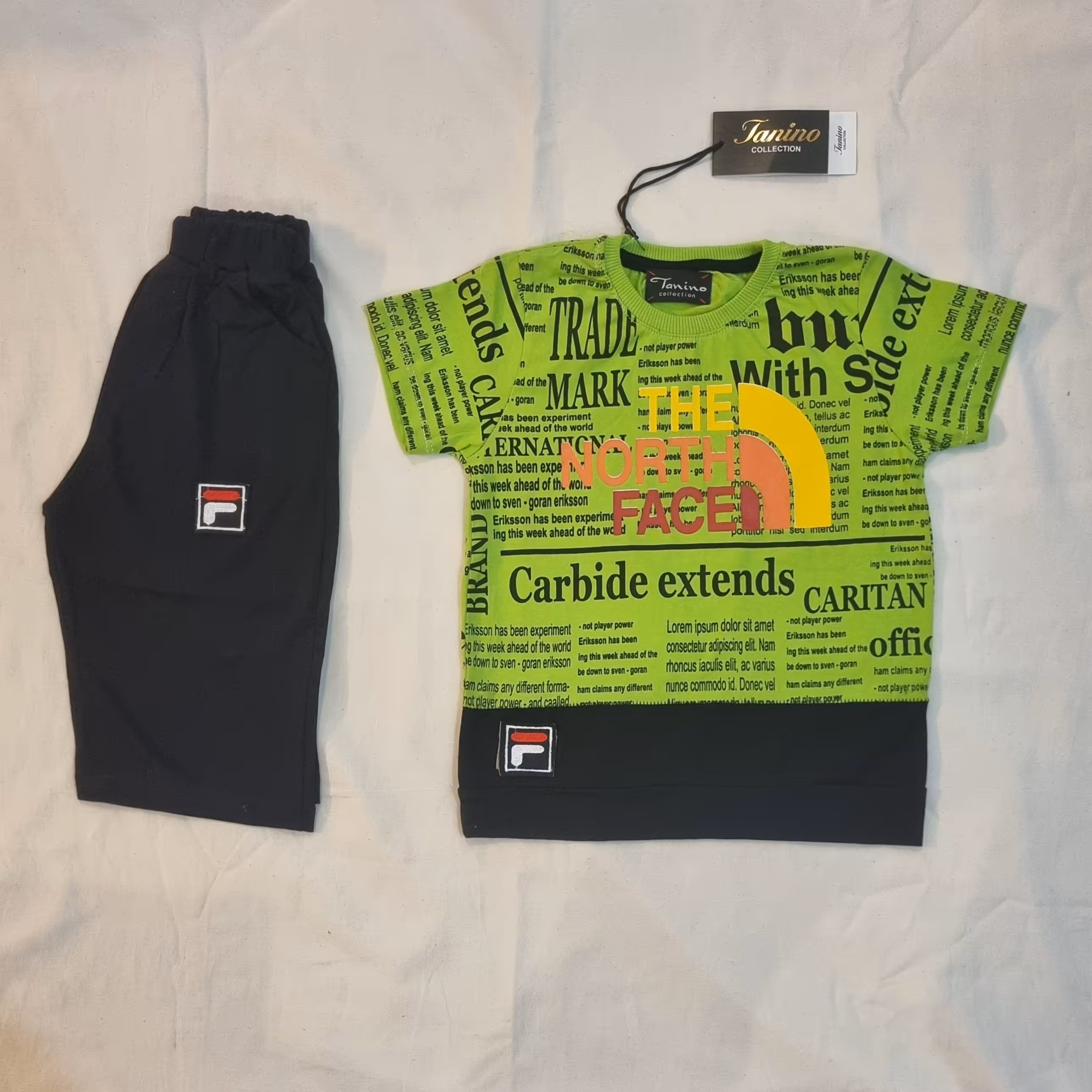 ست تیشرت و شلوارک پسرانه طرح چاپ لاتین جنس نخ پنبه اعلا رنگبندی سایز 50 55