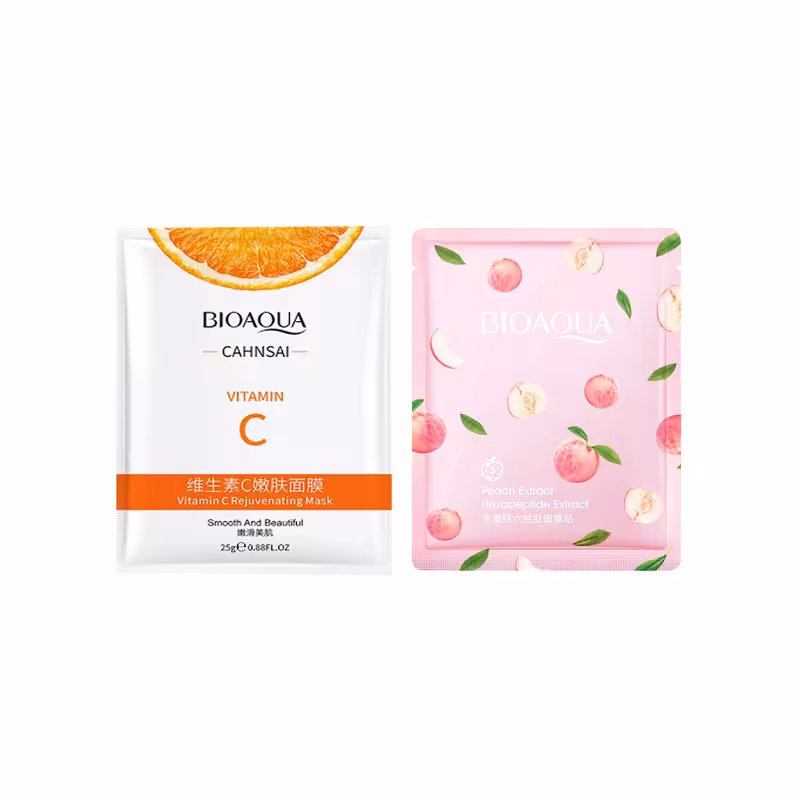 ماسک صورت بایو آکوا مدل ویتامین سی وزن 25 گرم به همراه ماسک صورت مدل هلو