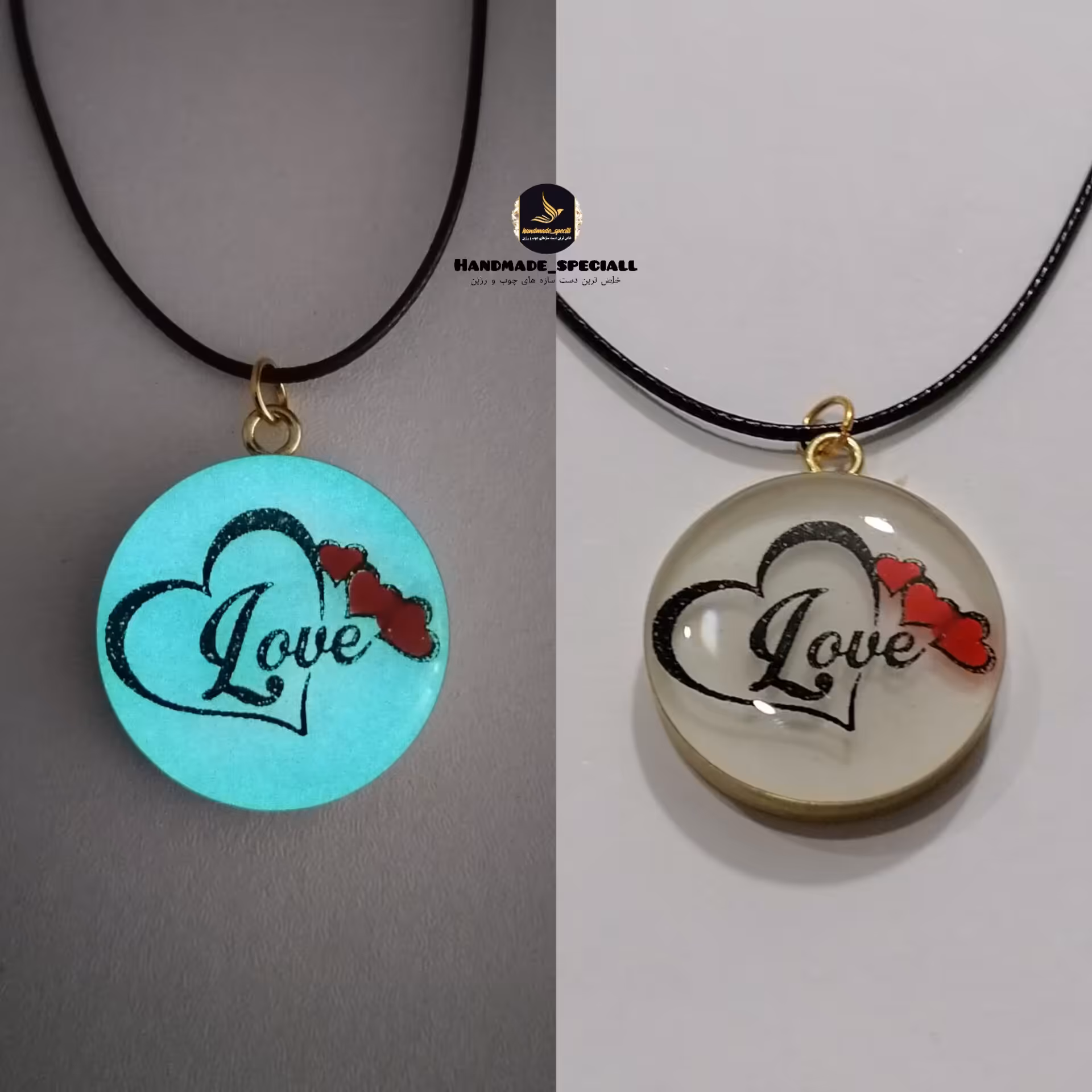 گردنبند شب تاب رزینی قاب برنجی(دستساز)خاص ترین دست سازه های چوب و رزین (ارسال رایگان)