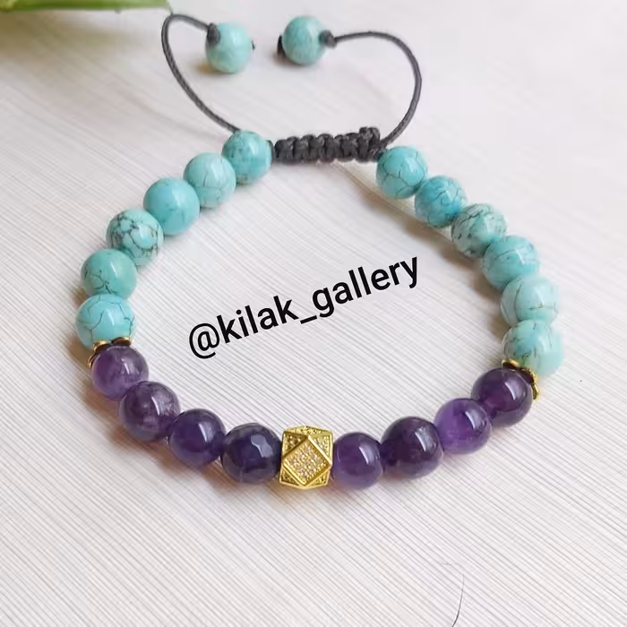 دستبند سنگ فیروزه و سنگ زیبای آمتیست با گوی سوارسکی