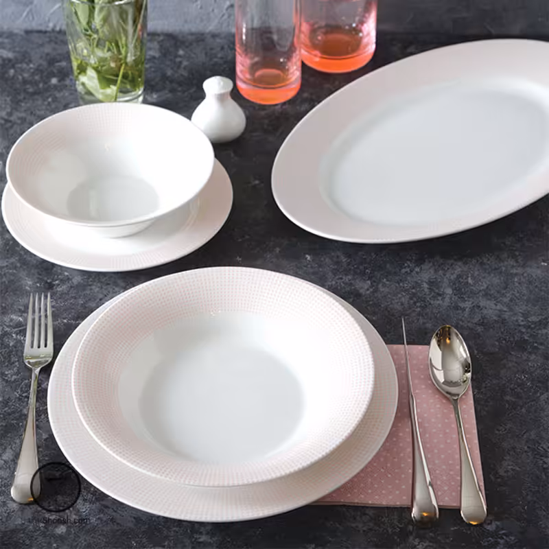 سرویس غذاخوری 6 نفره مریدین صورتی 35 پارچه سری شهرزاد چینی زرین درجه عالی