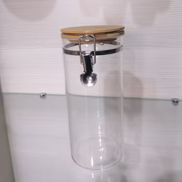 بانکه پیرکس درچفتی با درب چوب بامبو سایز یک 