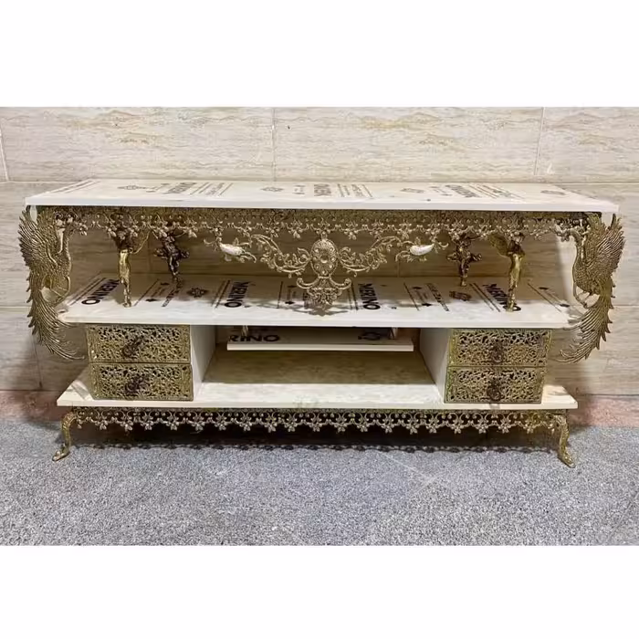 میز تلوزیون 4 کشو طرح سنگ طاووس دار سنگین گل نقلی و گل رز  تماما برنج با ضمانت