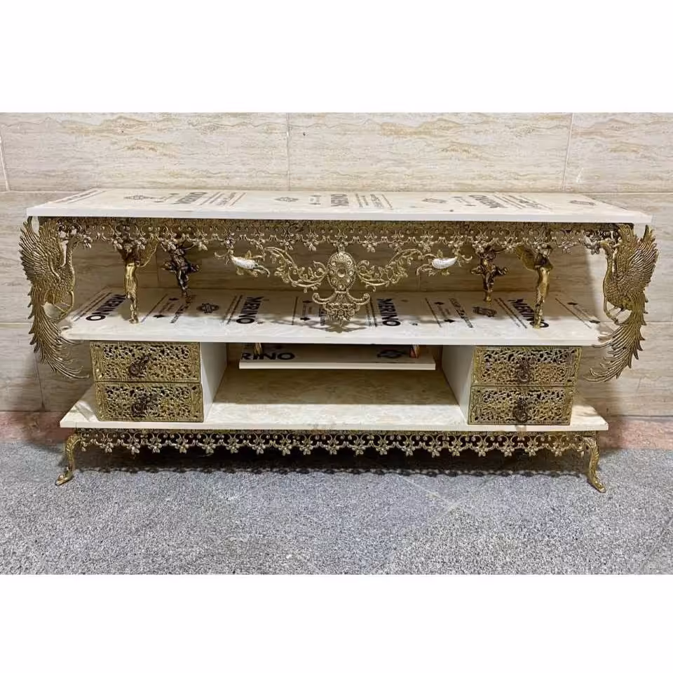 میز تلوزیون 4 کشو طرح سنگ طاووس دار سنگین گل نقلی و گل رز  تماما برنج با ضمانت