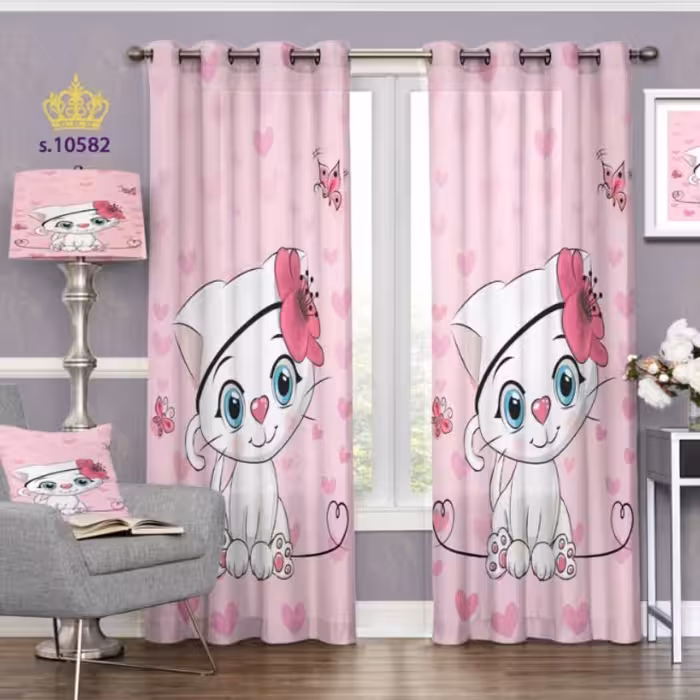 پرده اتاق خواب کودک دو قواره پانچ آماده طرح گربه کد S10582