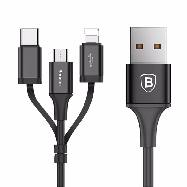 کابل شارژ 3 سر میکرو , لایتنینگ و تایپ سی باسئوس Baseus Excellent Three-in-one Cable USB For Micro/Lightning/Type-C 2A 1.2M Black